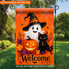 Halloween Welcome Garden Flag with ghost, black cat, pumpkin, and stand-not-included notice