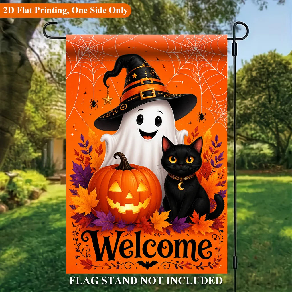 Halloween Welcome Garden Flag with ghost, black cat, pumpkin, and stand-not-included notice