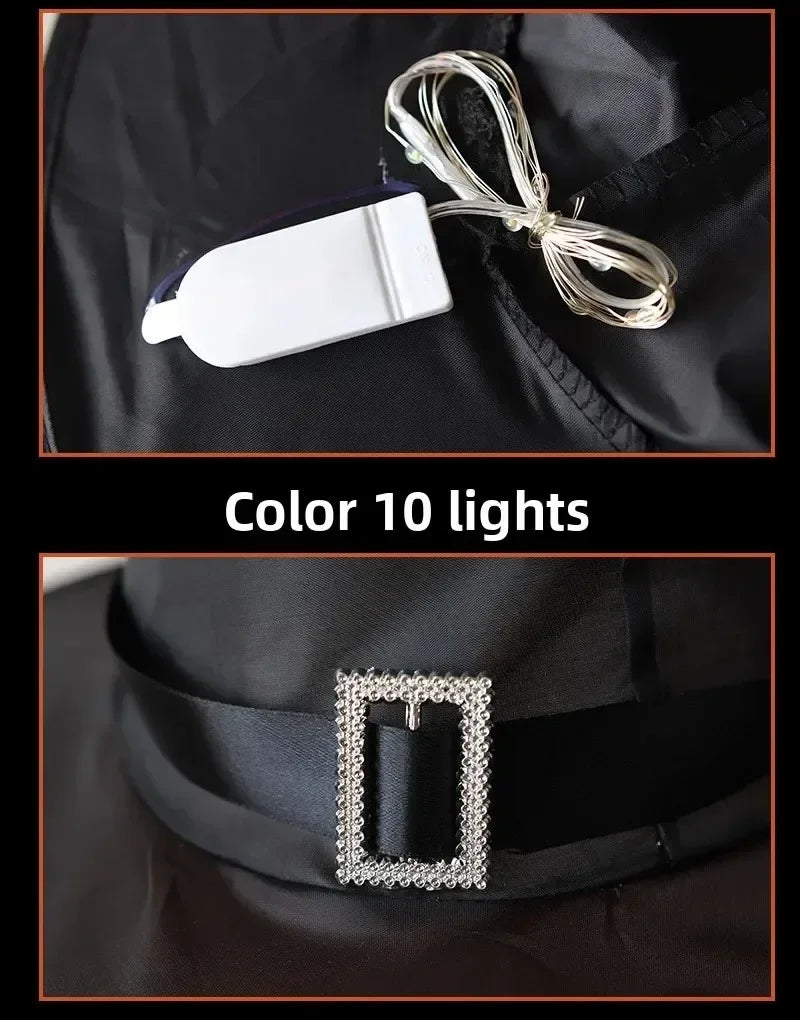 Halloween Witch Hat Lanterns battery box, connecting cable, and decorative hat buckle close-up