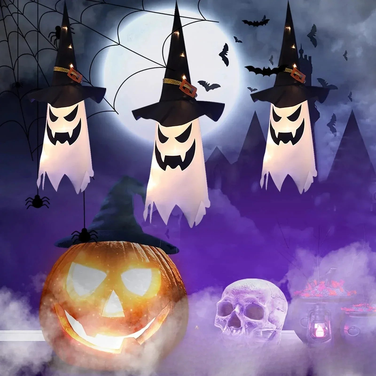 Halloween Witch Hat Lanterns with white ghost designs, glowing pumpkins, fog, and a moonlit backdrop