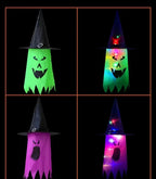 Halloween Witch Hat Lanterns green and purple designs shown both unlit and glowing in detail