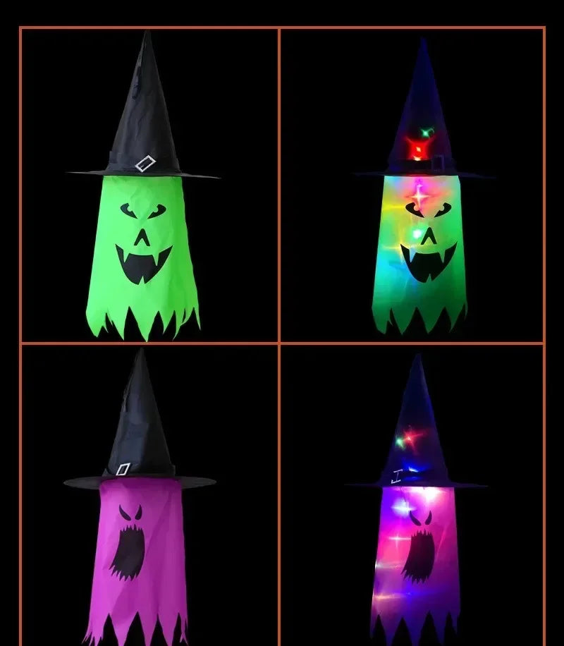 Halloween Witch Hat Lanterns green and purple designs shown both unlit and glowing in detail