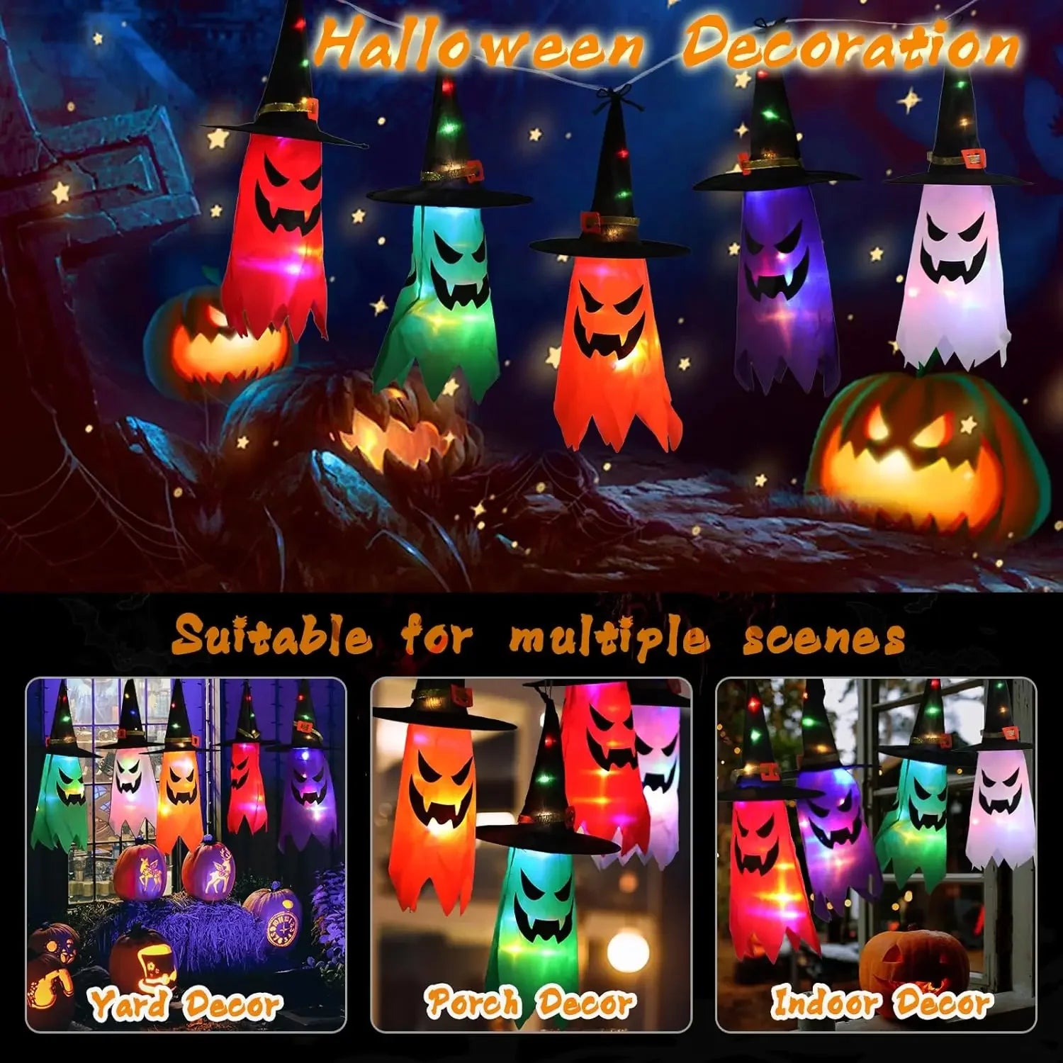 Halloween Witch Hat Lanterns collage showing yard, party, and indoor seasonal decorating ideas