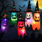 Halloween Witch Hat Lanterns six-color group glowing together in a nighttime outdoor display