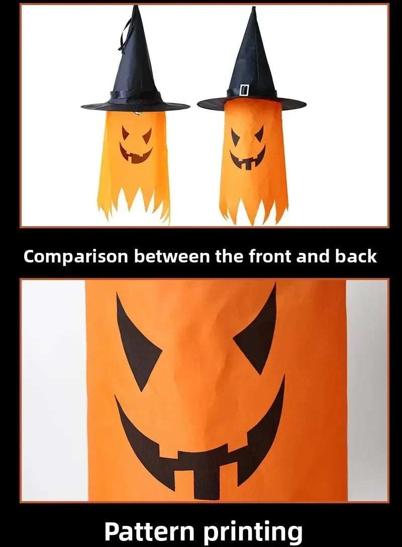 Halloween Witch Hat Lanterns orange design shown front and back with printed face and fabric details
