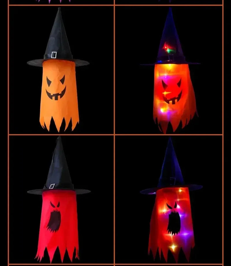 Halloween Witch Hat Lanterns orange and red designs shown both unlit and glowing in detail