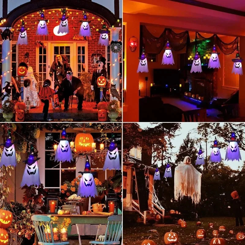 Halloween Witch Hat Lanterns collage showing porch, indoor, event, and outdoor decorating scenes