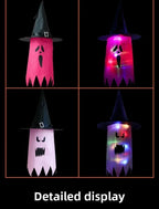 Halloween Witch Hat Lanterns pink and rose red designs shown both unlit and glowing in detail