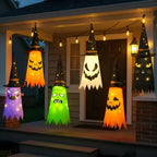 Halloween Witch Hat Lanterns hanging across a porch in a bright six-color Halloween arrangement