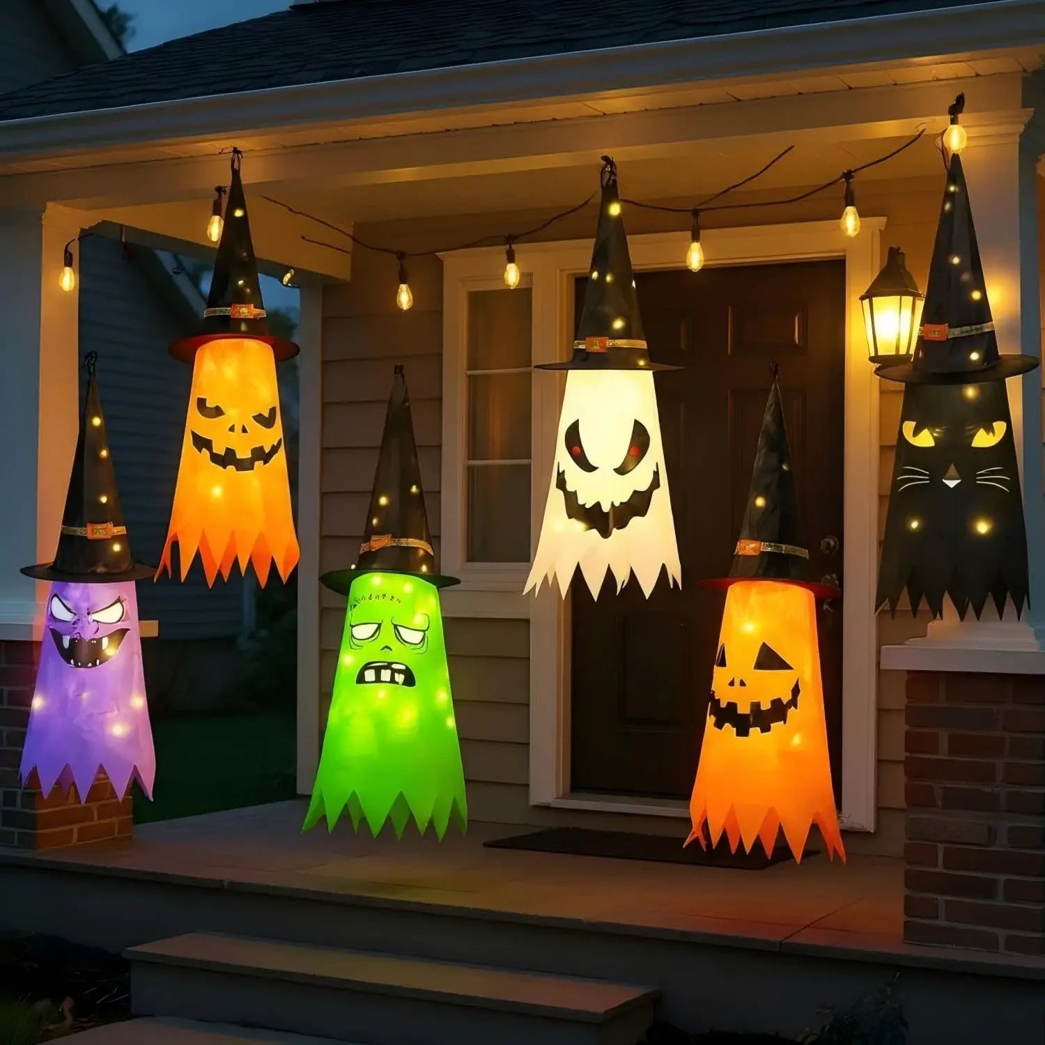 Halloween Witch Hat Lanterns hanging across a porch in a bright six-color Halloween arrangement