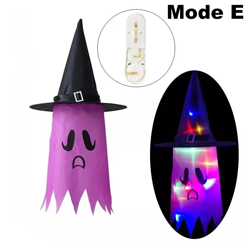 Halloween Witch Hat Lanterns in purple, shown unlit and glowing with multicolor LED accents