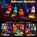 Halloween Witch Hat Lanterns scene guide showing yard, party, and indoor hanging display examples