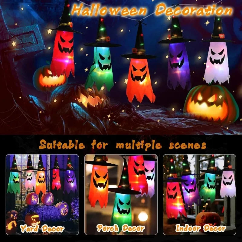 Halloween Witch Hat Lanterns scene guide showing yard, party, and indoor hanging display examples