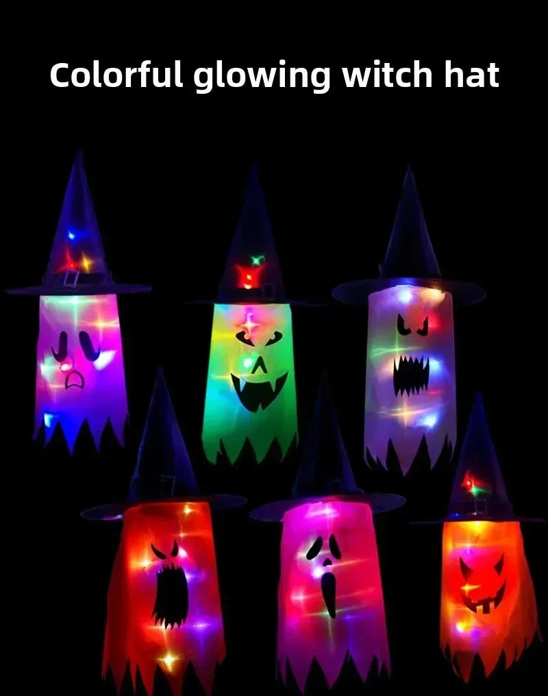 Halloween Witch Hat Lanterns in all six color designs glowing together against a black background