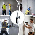 Handheld Wire Puller with black handle centered among construction and wall installation scenes.