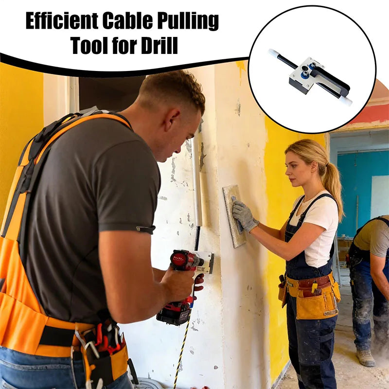 Handheld Wire Puller supplier graphic showing drill-assisted cable work during a room renovation.