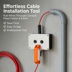 Handheld Wire Puller with orange handle shown feeding red cable through a gray conduit elbow.