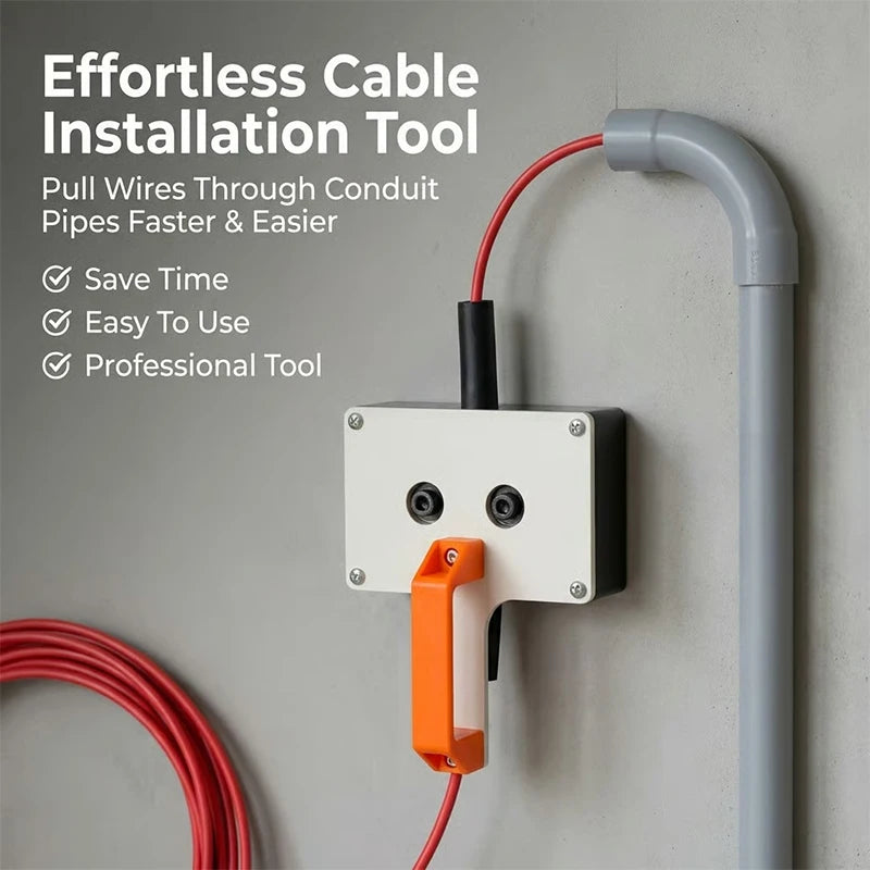 Handheld Wire Puller with orange handle shown feeding red cable through a gray conduit elbow.