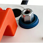 Handheld Wire Puller close-up of a blue roller, metal nut, and orange handle mounting point.