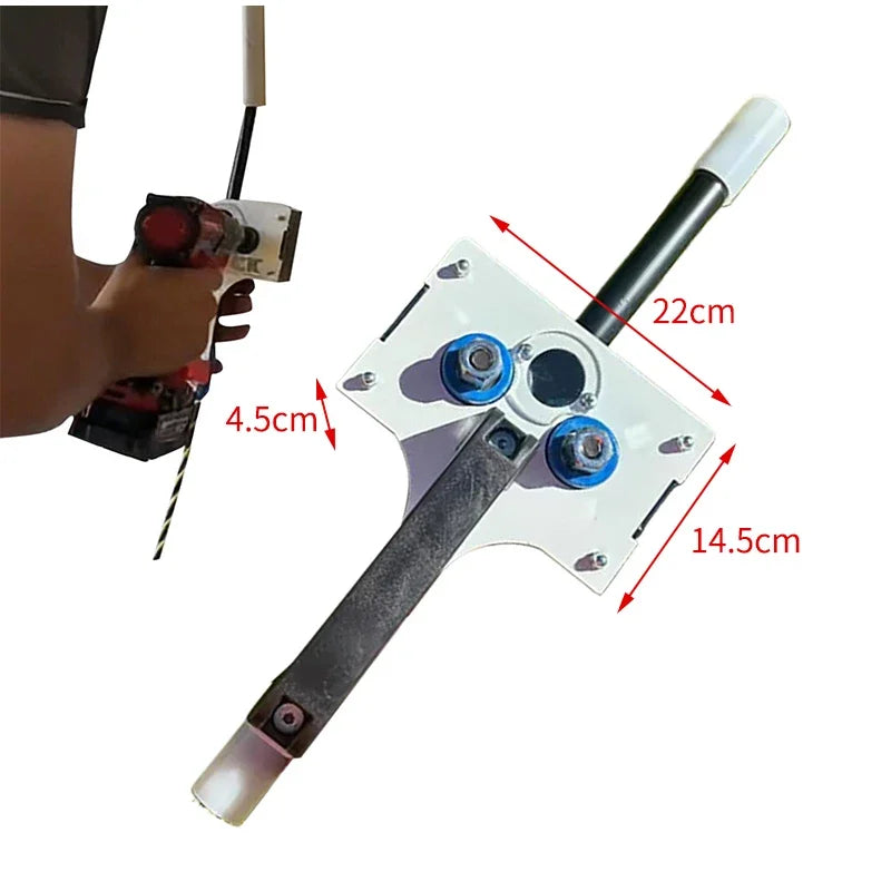 Handheld Wire Puller dimension graphic labeled 22 cm, 14.5 cm, and 4.5 cm with drill-use inset.