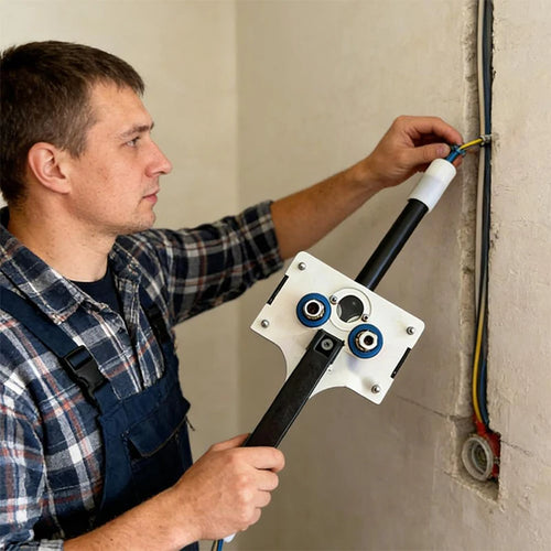 Handheld Wire Puller held by an electrician guiding wires into a narrow channel in a wall.