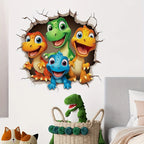 Happy Dinosaur Crew Decal with four cartoon dinosaurs on a bedroom wall above a basket of plush toys.