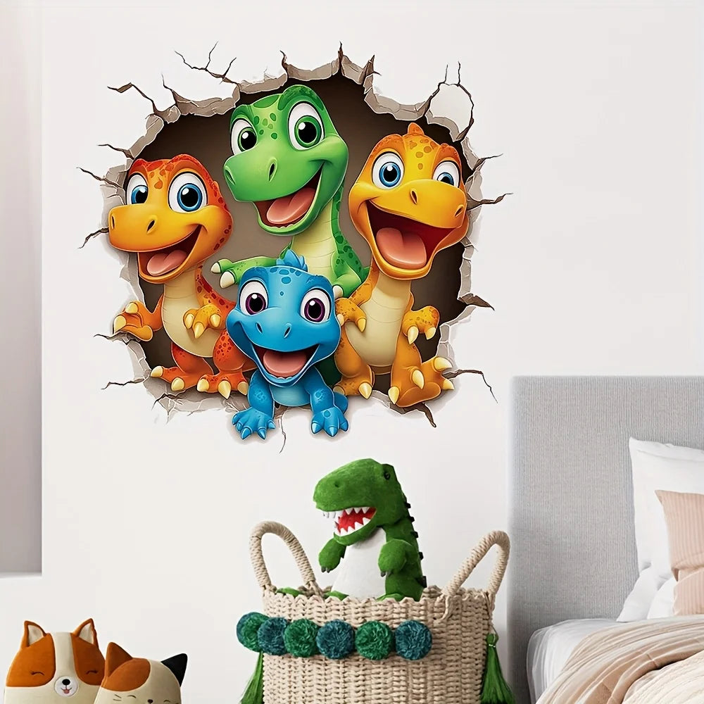 Happy Dinosaur Crew Decal with four cartoon dinosaurs on a bedroom wall above a basket of plush toys.