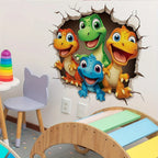 Happy Dinosaur Crew Decal on a playroom wall beside a lilac chair and above a wooden climbing arch.