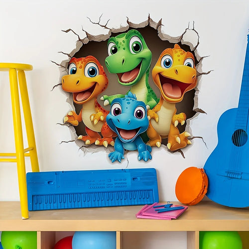 Happy Dinosaur Crew Decal with four smiling dinosaurs on a playroom wall above a blue toy keyboard.