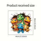 Happy Dinosaur Crew Decal size guide showing four smiling dinosaurs, labelled 44 cm wide by 39 cm high.