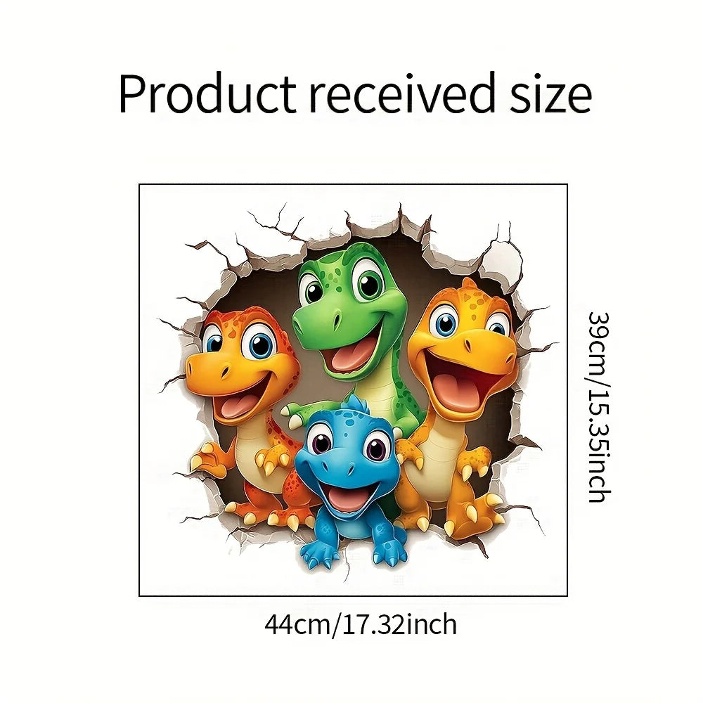 Happy Dinosaur Crew Decal size guide showing four smiling dinosaurs, labelled 44 cm wide by 39 cm high.