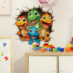 Happy Dinosaur Crew Decal in a cracked-wall design above a toy train and colourful playroom blocks.