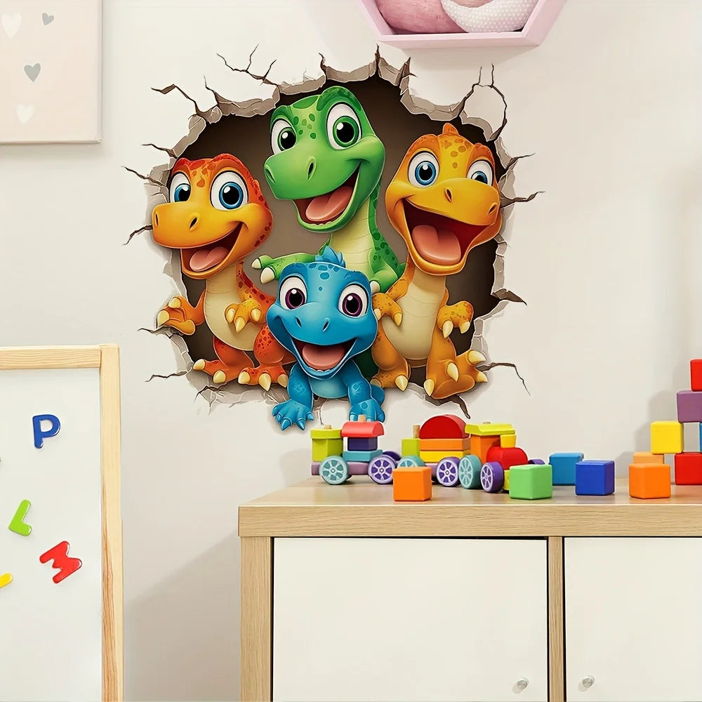 Happy Dinosaur Crew Decal in a cracked-wall design above a toy train and colourful playroom blocks.