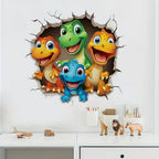 Happy Dinosaur Crew Decal featuring a small blue dinosaur in front, displayed above a white toy shelf.