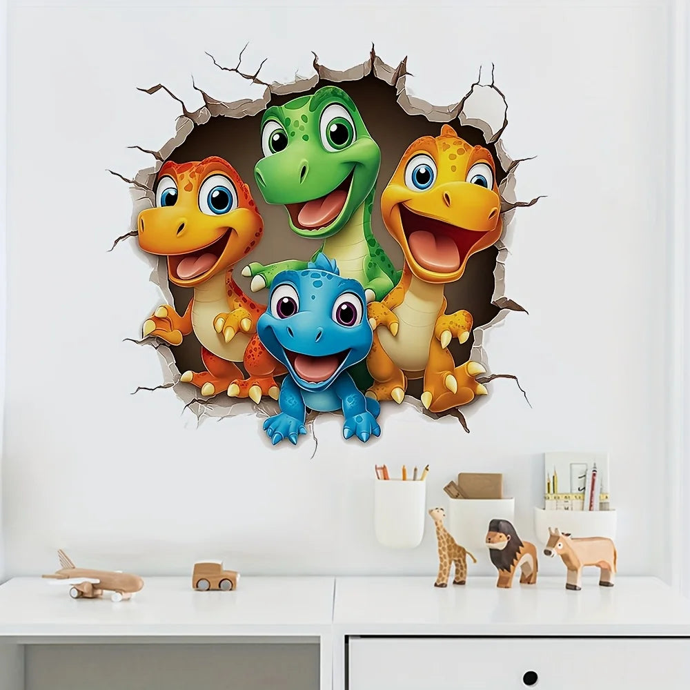 Happy Dinosaur Crew Decal featuring a small blue dinosaur in front, displayed above a white toy shelf.