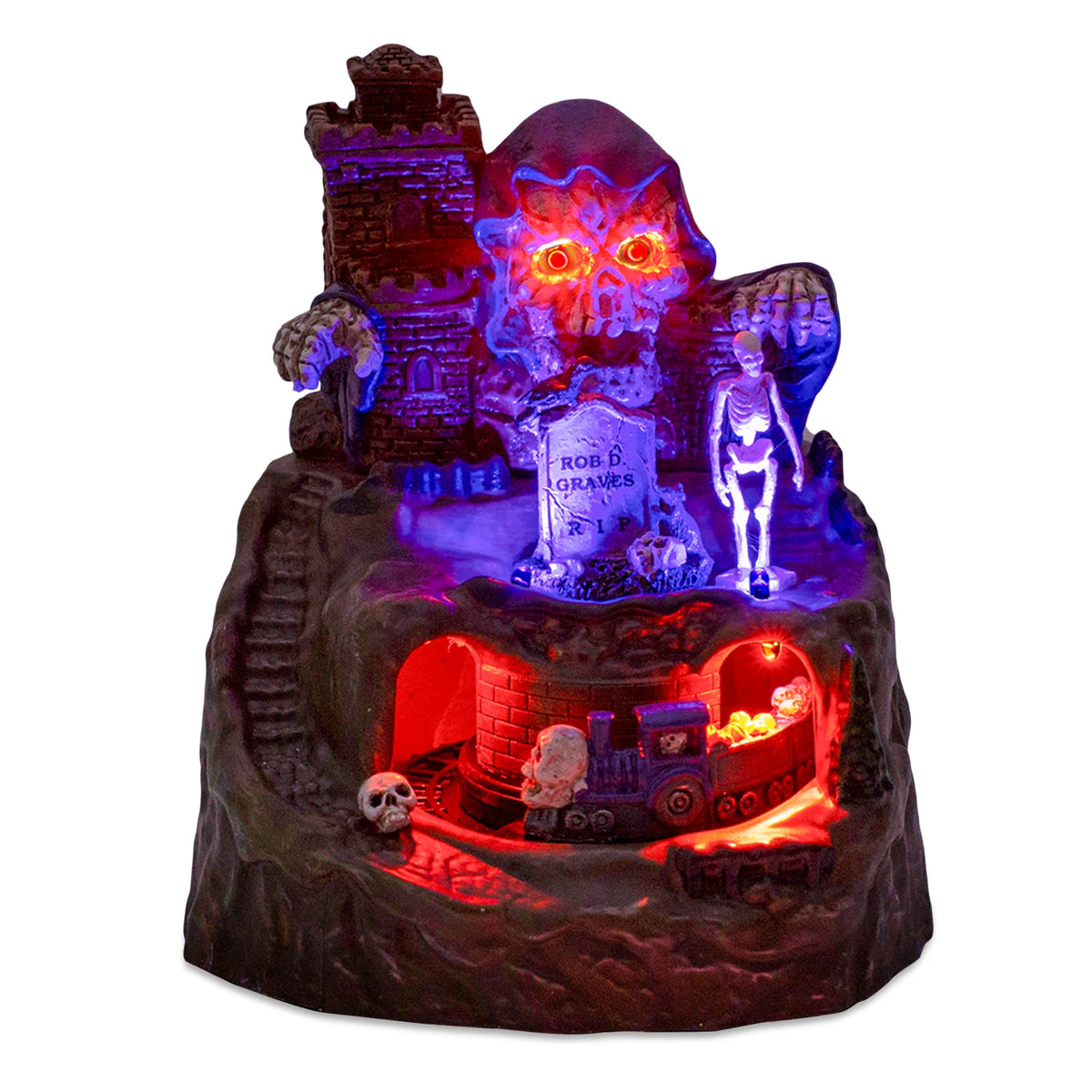 Haunted Halloween Train Village at HighPeak lit with red skull eyes and a purple train against a white background.