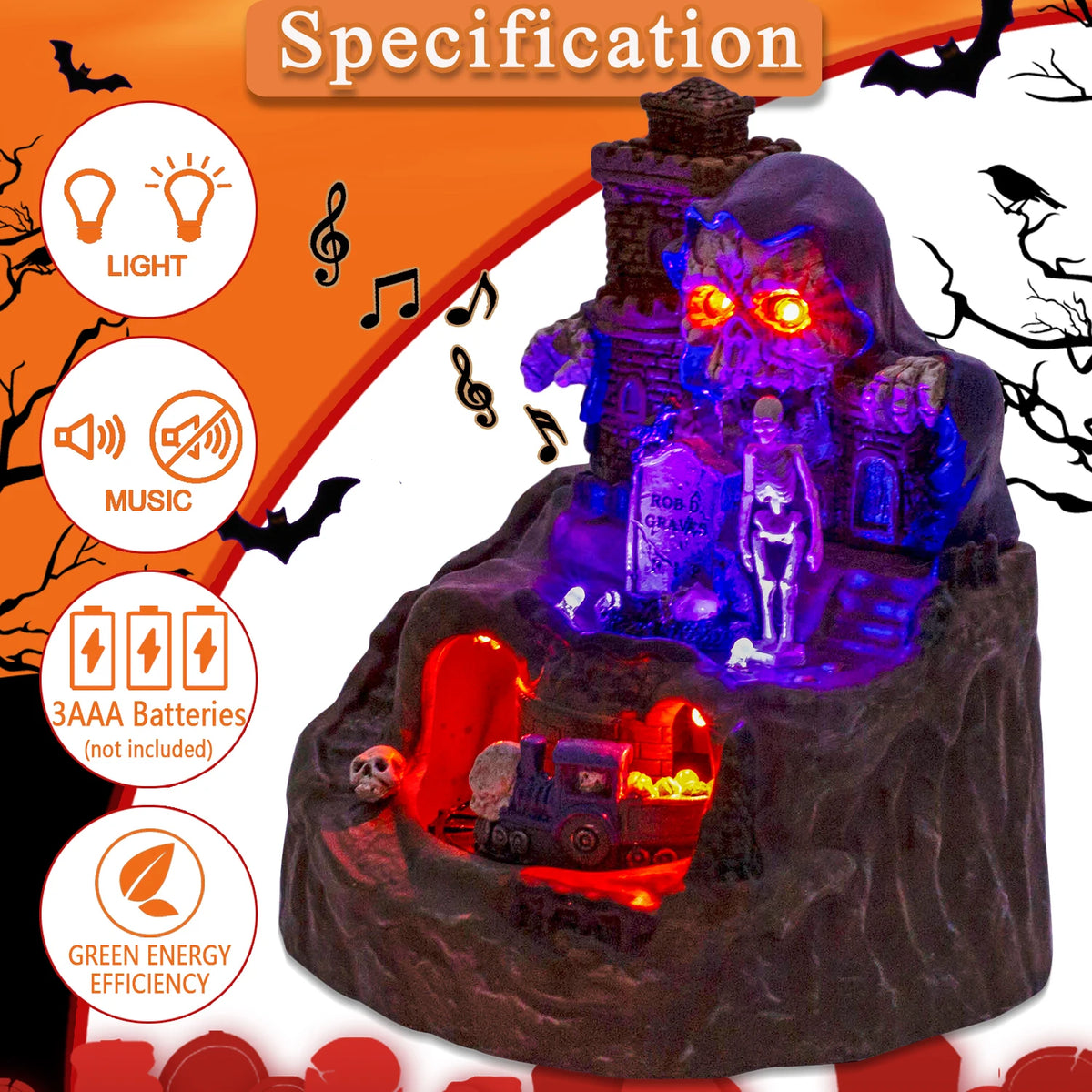 Haunted Halloween Train Village at HighPeak feature graphic showing lights, music, and three AAA batteries required.