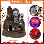 Haunted Halloween Train Village at HighPeak with size measurements and close-ups of the skull, skeleton, and train.