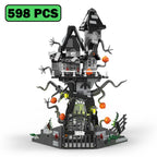 Haunted Treehouse Building Set front view with 598 pieces, crooked towers, pumpkins and a black courtyard gate.