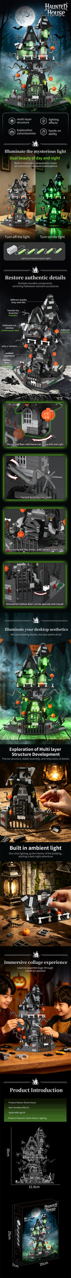 Haunted Treehouse Building Set long supplier guide showing lighting, movable details, assembly and model dimensions.