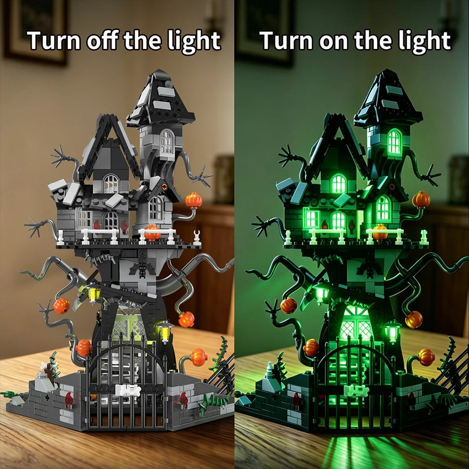 Haunted Treehouse Building Set side-by-side comparison with its green lighting switched off and on.