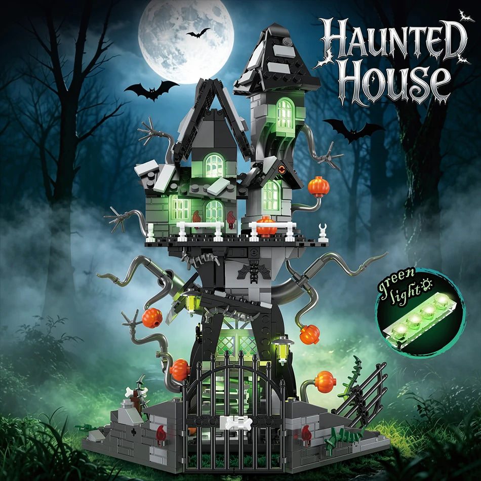 Haunted Treehouse Building Set under a full moon with glowing green windows and a close-up lighting inset.