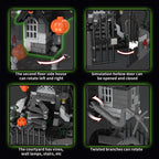 Haunted Treehouse Building Set detail panels showing the rotating side house, opening gate, stairs and branches.