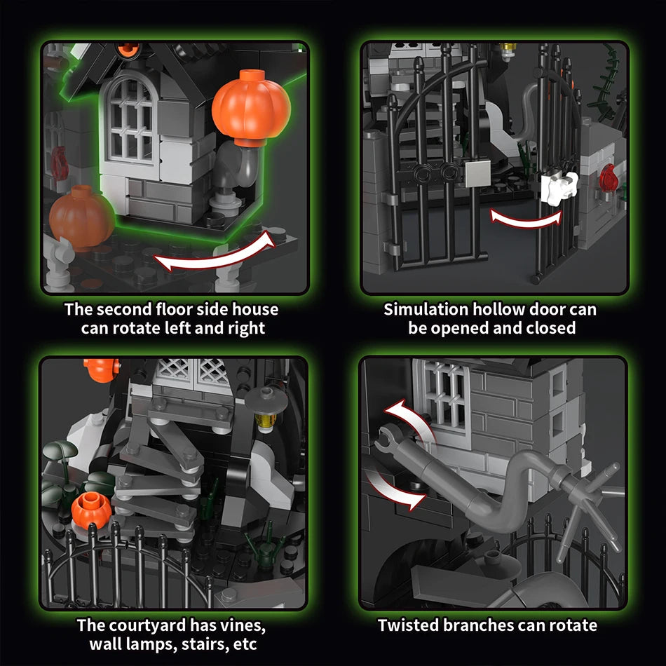 Haunted Treehouse Building Set detail panels showing the rotating side house, opening gate, stairs and branches.