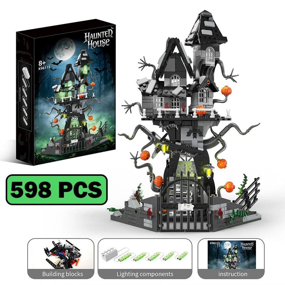 Haunted Treehouse Building Set supplier overview showing bricks, lighting components, instructions and box artwork.
