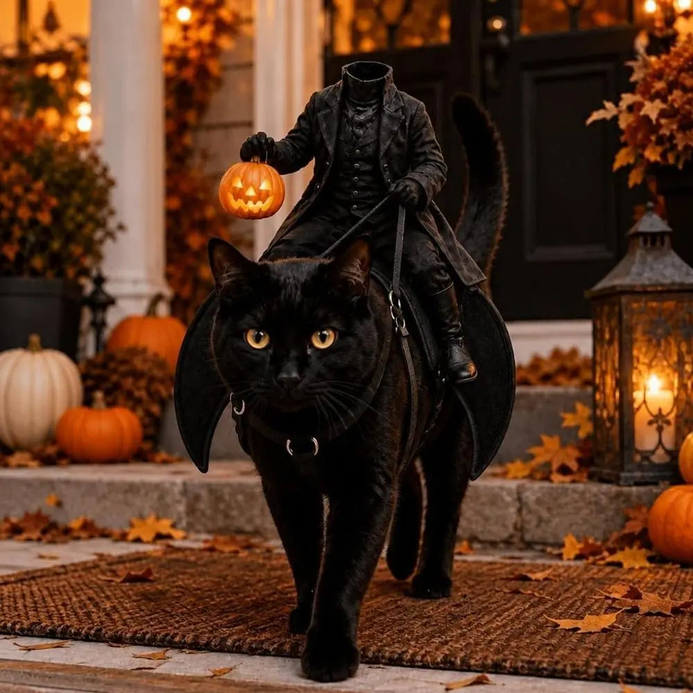 Headless Rider Cat Costume on a black cat walking from an autumn porch with pumpkins and lanterns.