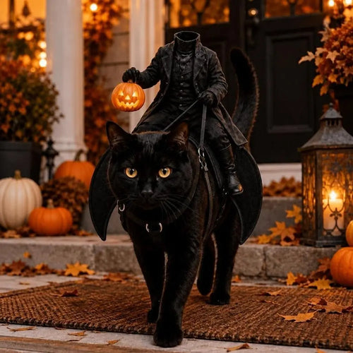 Headless Rider Cat Costume on a black cat walking from an autumn porch with pumpkins and lanterns.