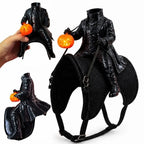Headless Rider Cat Costume in black with pumpkin lantern, shown from several angles with fastening straps.