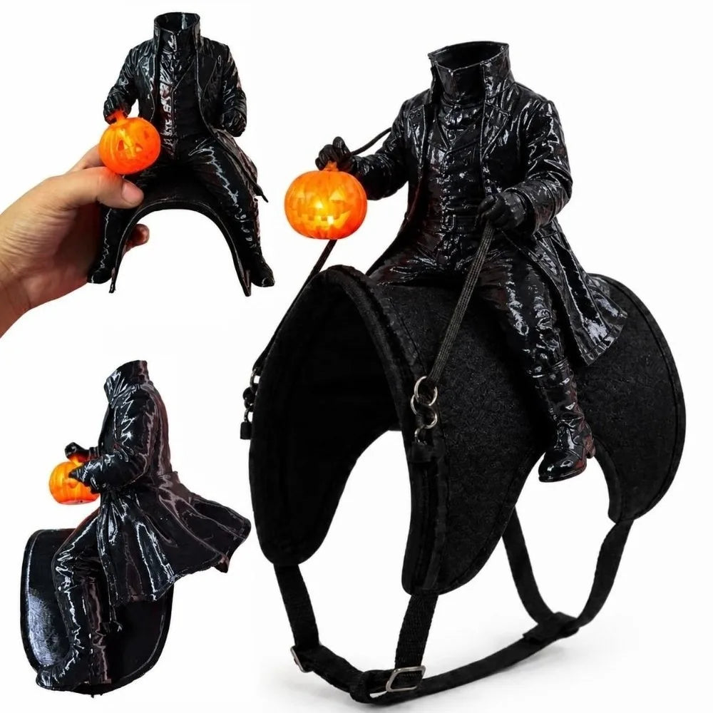 Headless Rider Cat Costume in black with pumpkin lantern, shown from several angles with fastening straps.
