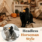 Headless Rider Cat Costume on a black cat in a Halloween room, with an inset of a tabby wearing it.